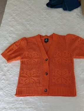 Bobeau Orange Short-Sleeve Summer Knit Cardigan